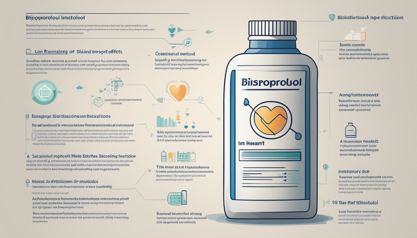 A bottle of bisoprolol with a low heart rate symbol. A list of potential side effects and interactions is shown next to the bottle