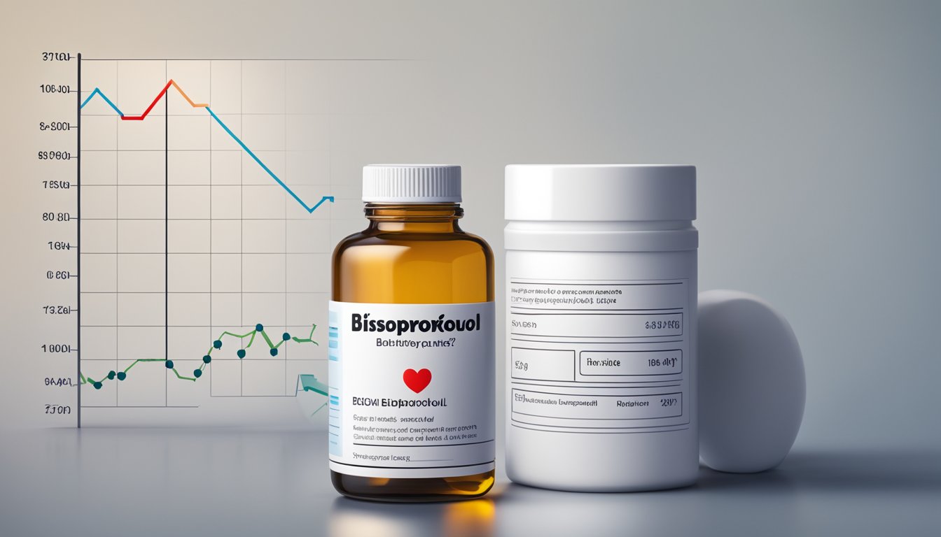 A bottle of bisoprolol with a low heart rate graph in the background. FAQ text visible