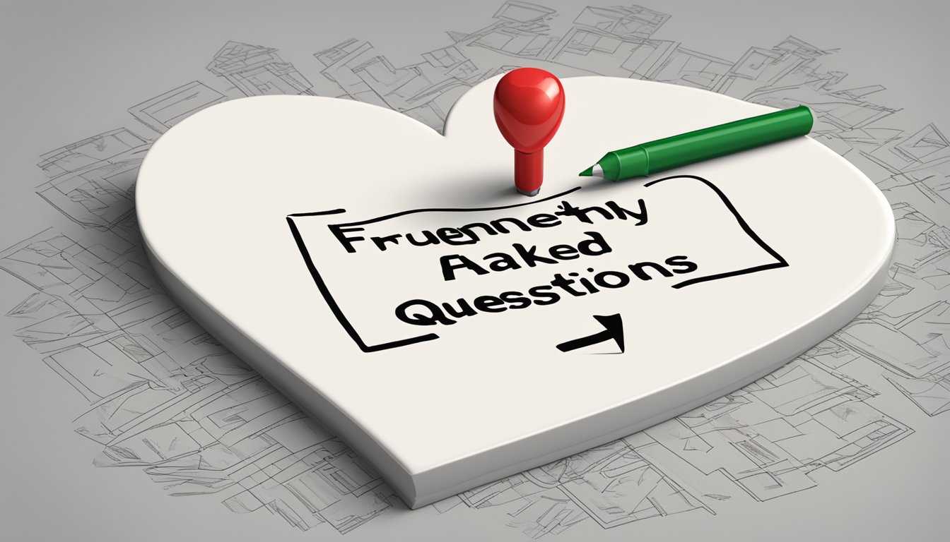 A heart-shaped marker with "Frequently Asked Questions" and "bnp" written on it, symbolizing heart failure awareness