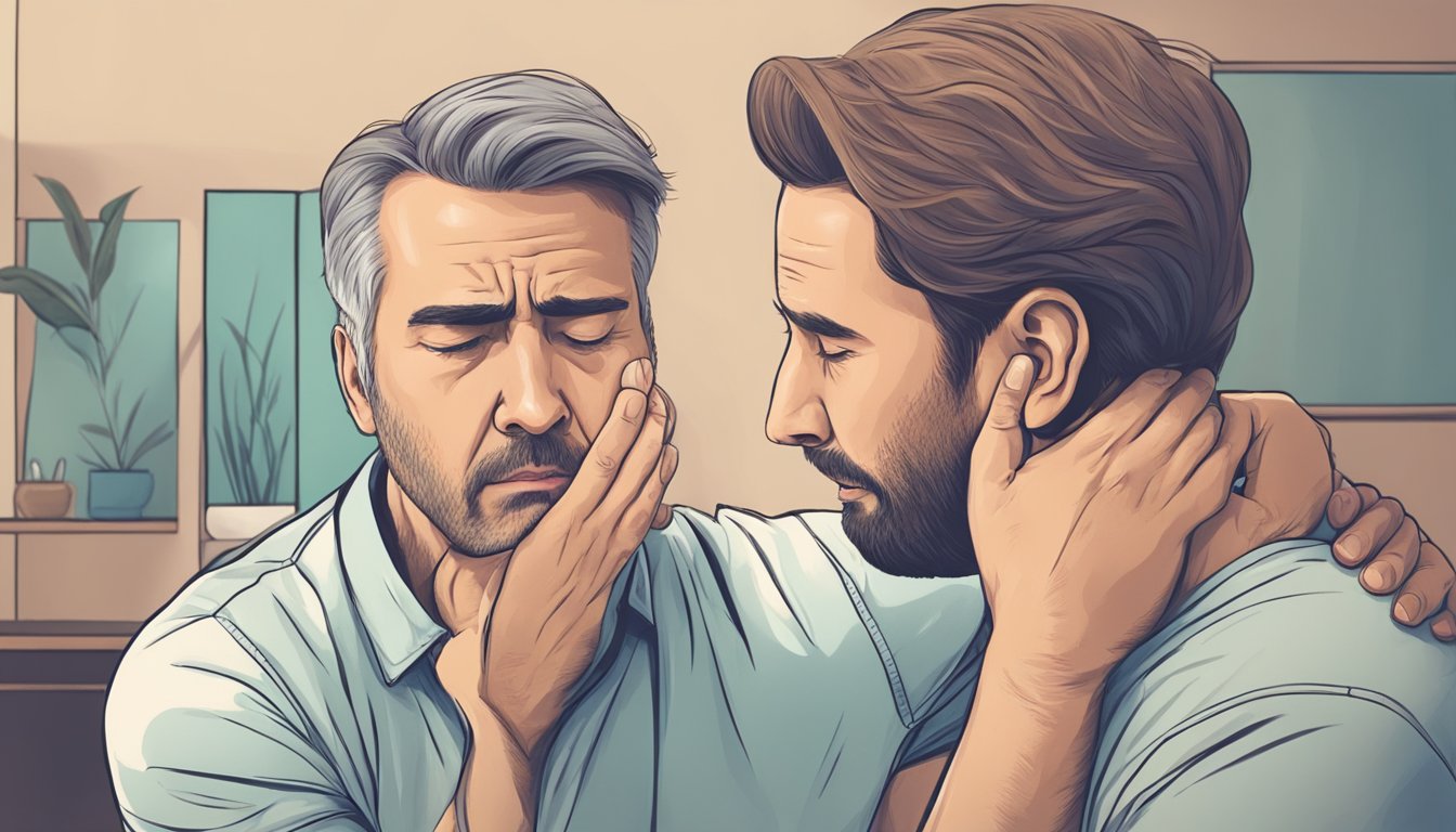 A person receiving a massage suddenly clutches their chest in pain, their face contorted in agony. The massage therapist looks on in shock and confusion