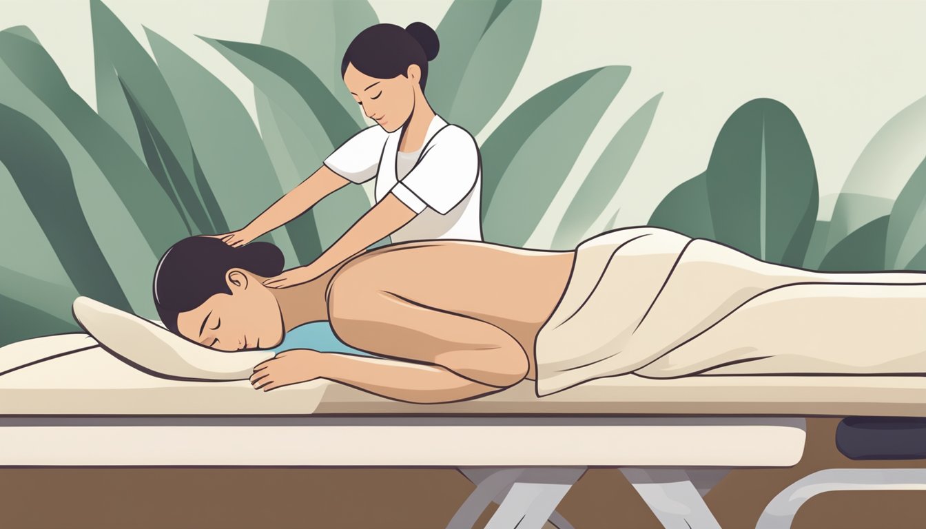 A massage table with a serene atmosphere, a pair of hands gently applying pressure, and a calm, relaxed individual receiving the massage