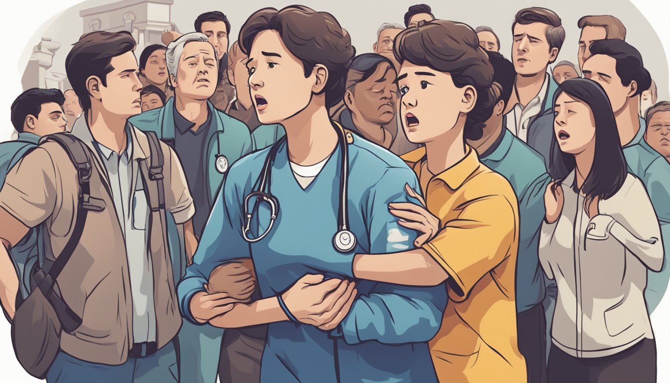 A person clutching their chest in distress, surrounded by concerned onlookers, while someone else dials for emergency medical assistance