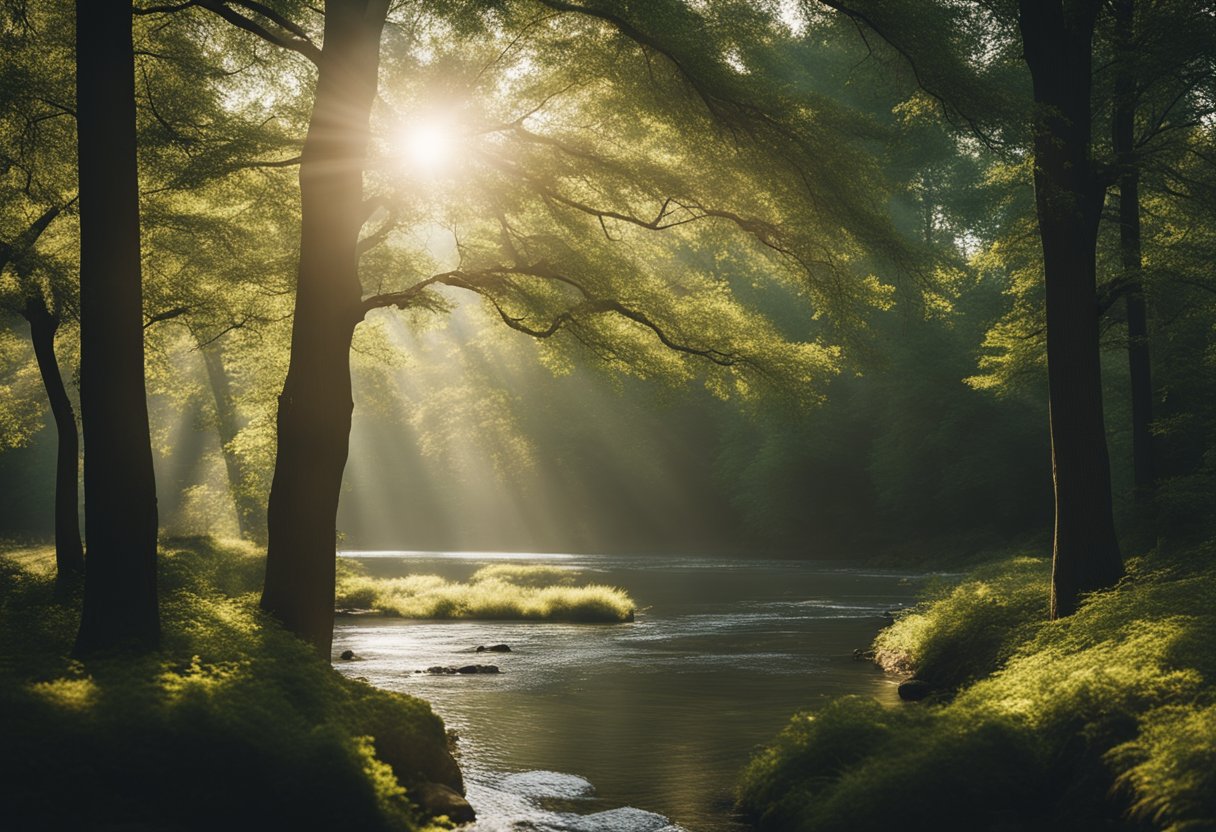 A serene forest with a winding river, sunlight filtering through the trees, and birds flying overhead