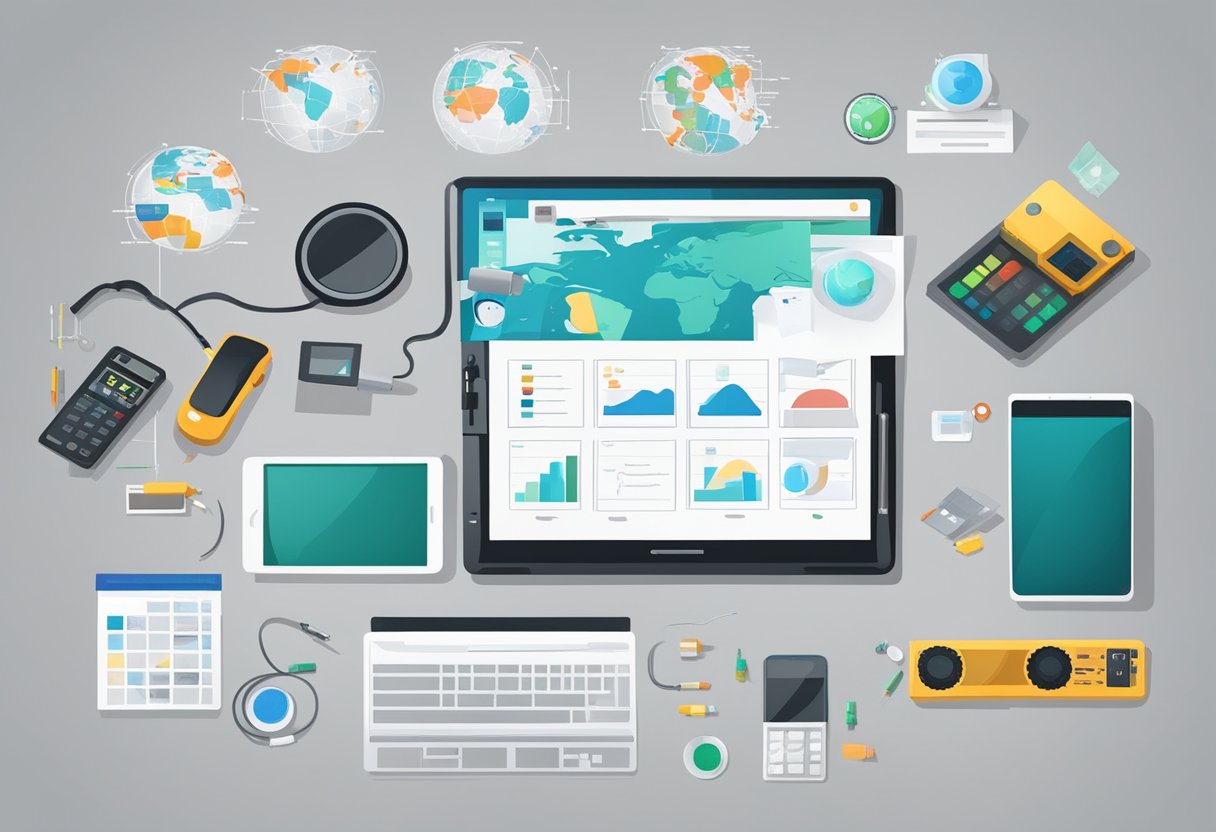 A table with various electronic devices and components, a checklist for quality control, a map with locations marked, and a list of suppliers