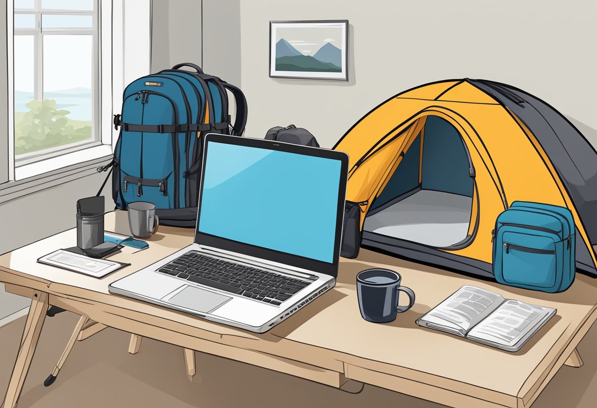 A table with outdoor gear: tents, backpacks, and sleeping bags. Quality control checklist and a list of suppliers on a computer screen