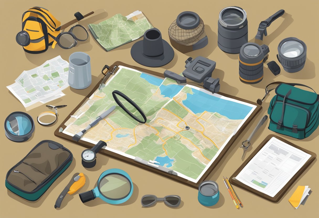 A table with outdoor gear spread out, a magnifying glass inspecting items, a checklist of suppliers, and a map of sourcing locations