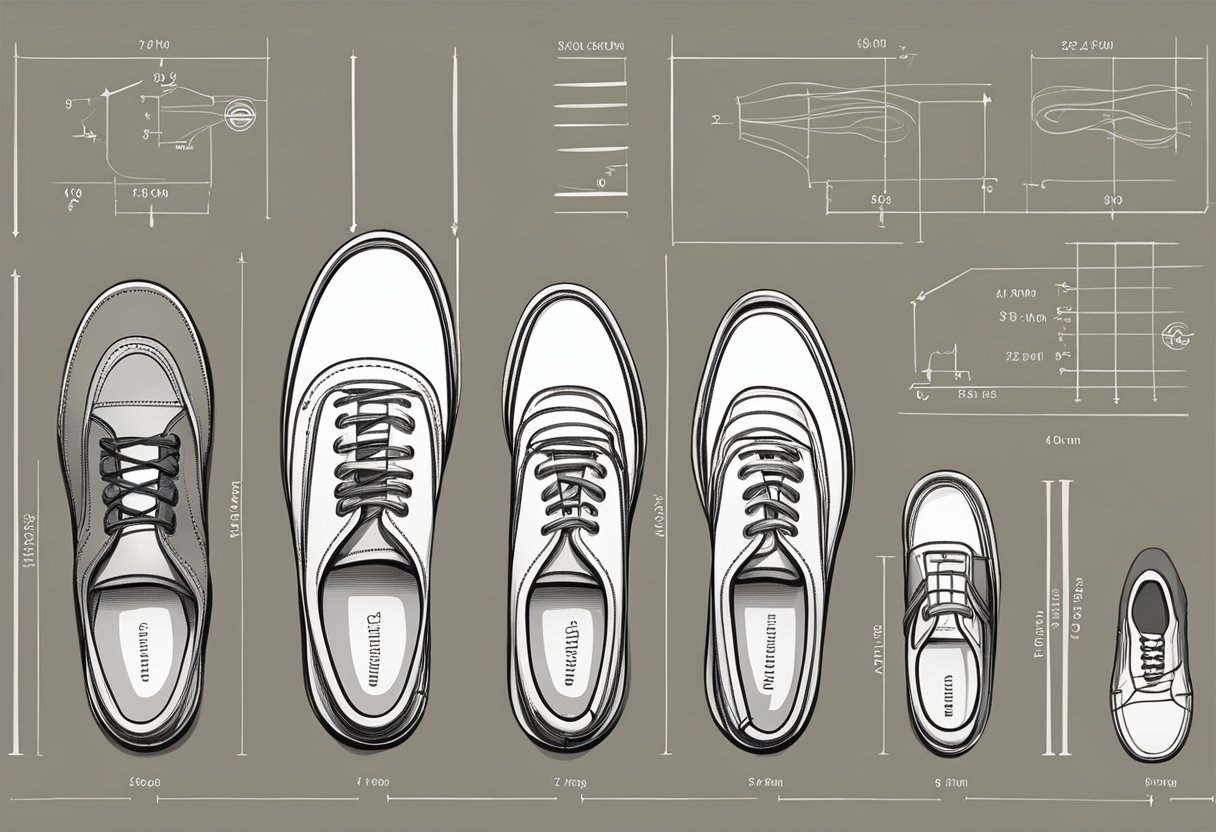 A variety of shoe sizes displayed with corresponding measurement tools and charts for accurate sizing information