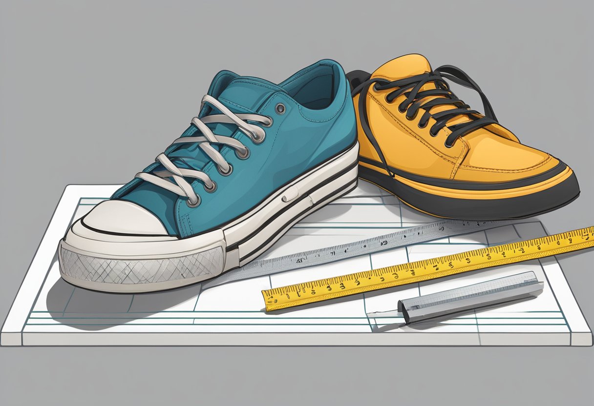 A ruler and measuring tape lay on a flat surface, next to a pair of shoes. The shoes are positioned for accurate length and width measurements