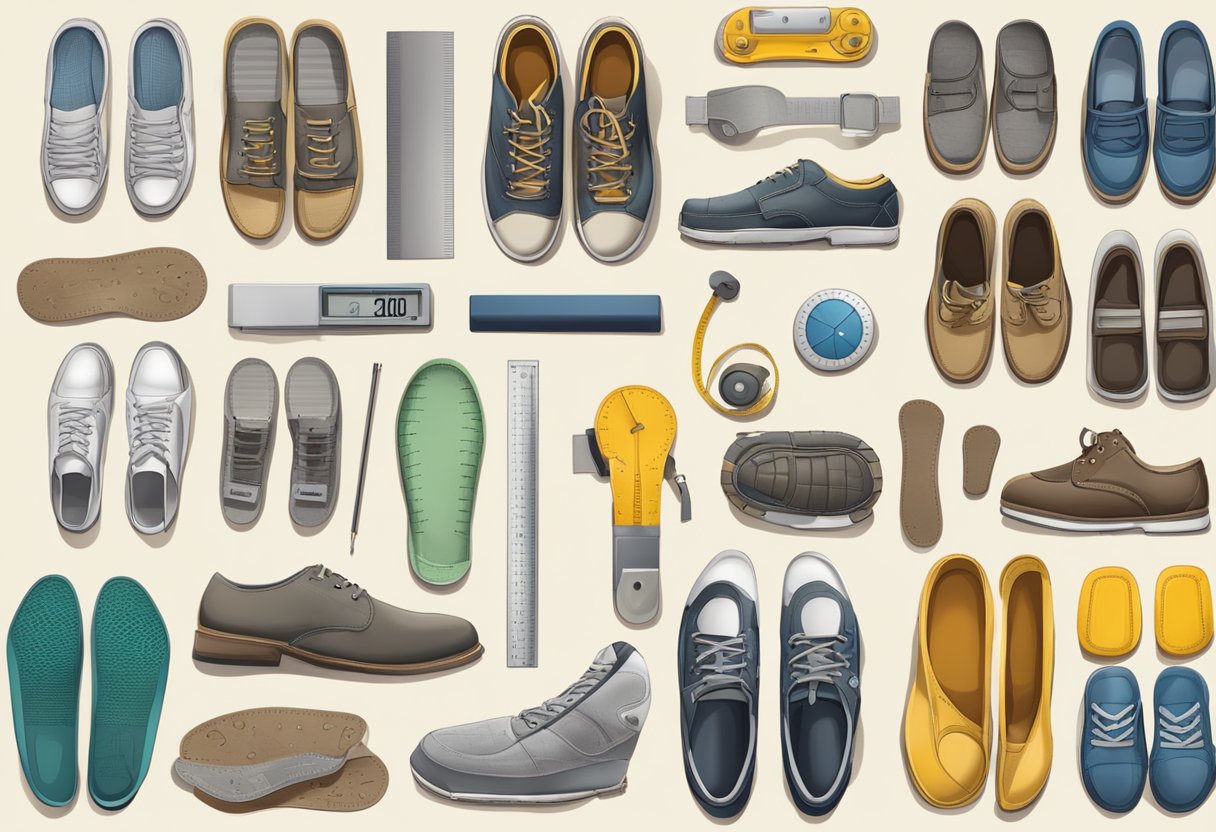 An array of measuring tools and footwear samples laid out for examination and comparison