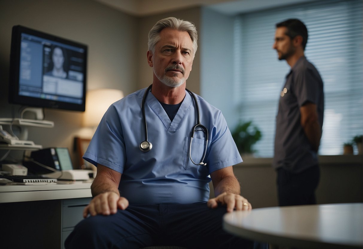 A man sits uncomfortably, clutching his lower abdomen. He grimaces in pain, while a doctor discusses treatment options