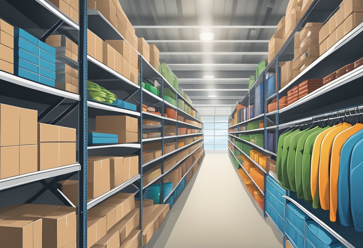 A warehouse filled with neatly organized shelves stocked with a variety of high-quality sporting goods. Labels and signs indicate different sections for easy navigation