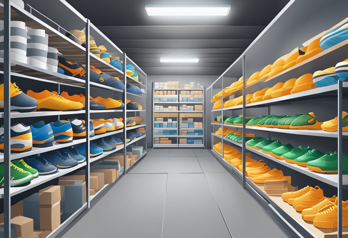 A warehouse filled with shelves of sporting goods from various suppliers. Quality control tips posted on the wall. A list of suppliers displayed nearby