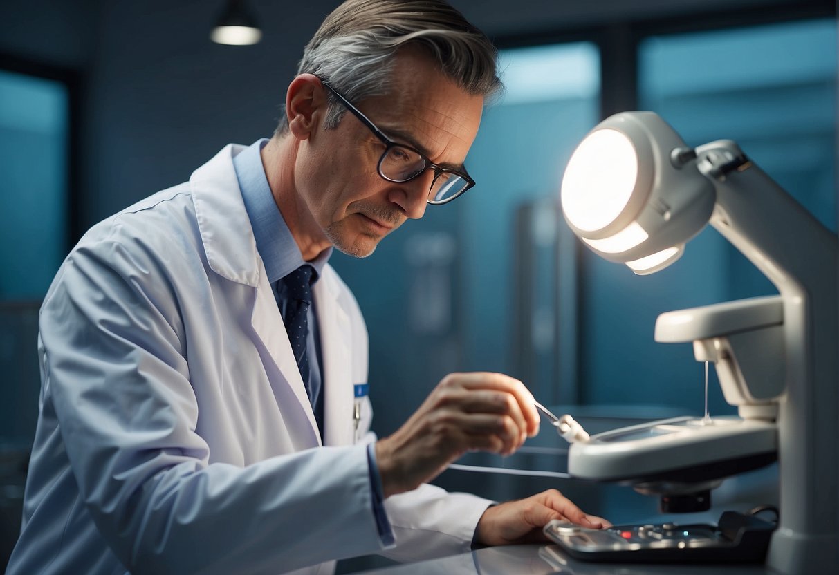 A doctor examines a prostate using medical equipment