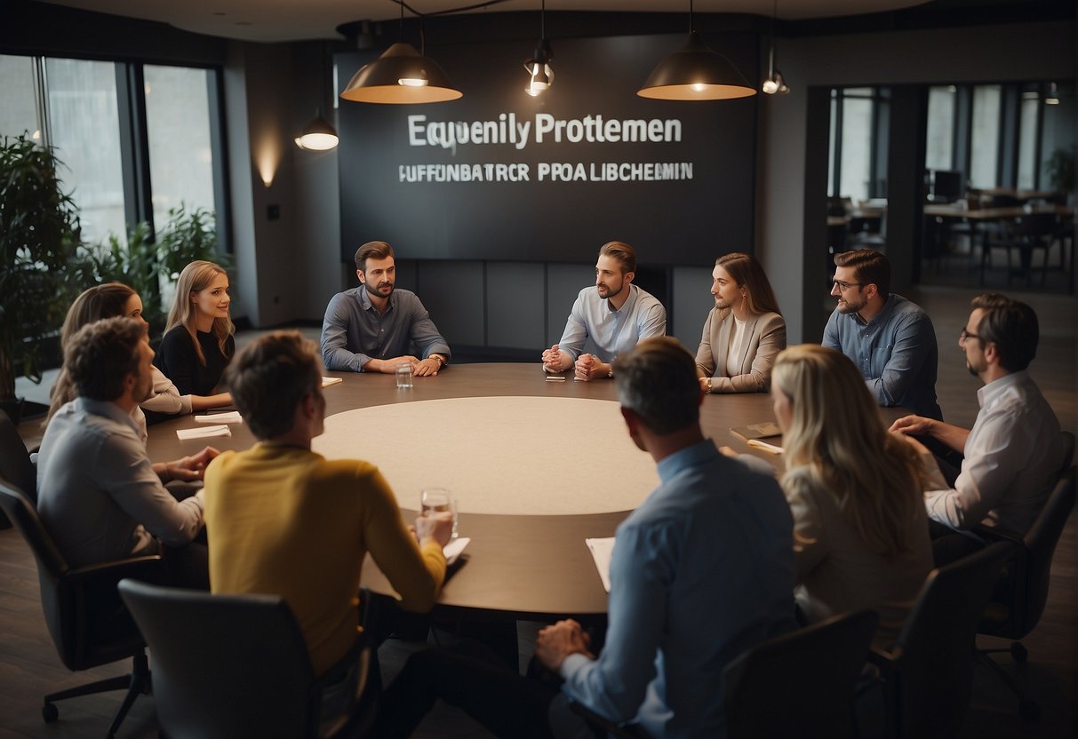 A group of people gathered around a table with a banner reading "Frequently Asked Questions Prostaatproblemen" while engaging in a discussion or presentation