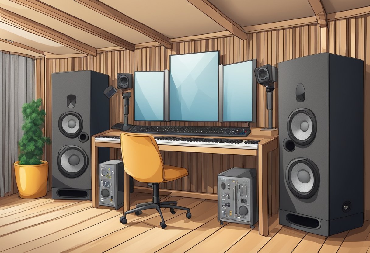 A home studio with soundproofing materials and acoustic treatment for isolation