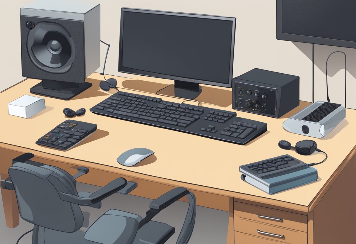 A desk with a computer, microphone, headphones, and audio interface. A keyboard, mouse, and monitor are also present