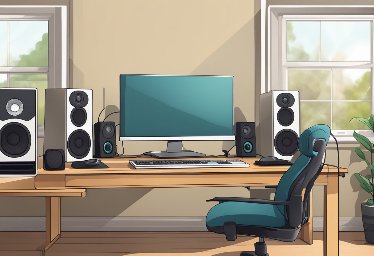 A home studio setup with essential equipment: microphone, headphones, computer, and audio interface on a desk with soundproofing panels on the walls