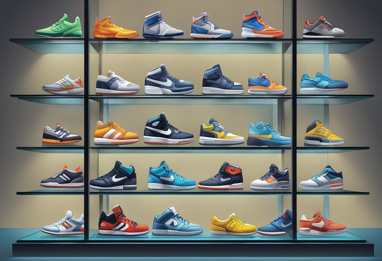 A display of rare, iconic sneakers from various brands, arranged on glass shelves with spotlights, showcasing their value and desirability