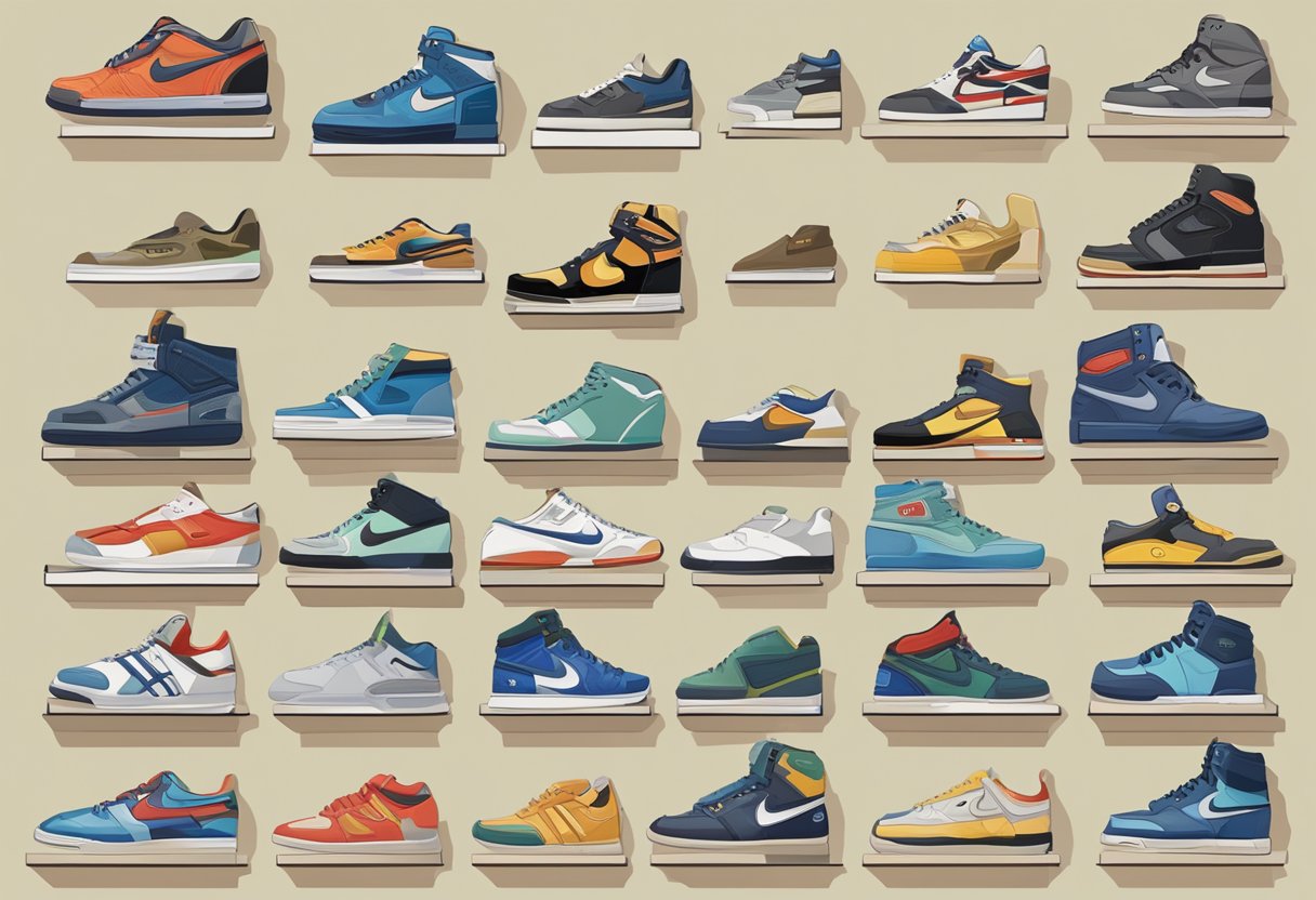 A display of rare, iconic, and limited-edition shoes with price tags and historical information