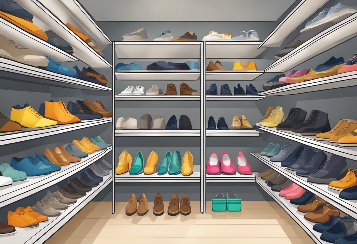 A neatly organized shoe closet with shelves and clear plastic containers for storage. Various styles of valuable shoes on display