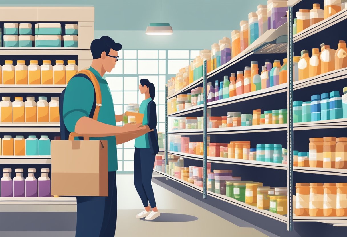 A person inspecting health products in a warehouse, checking labels and expiration dates, surrounded by shelves stocked with various wellness items