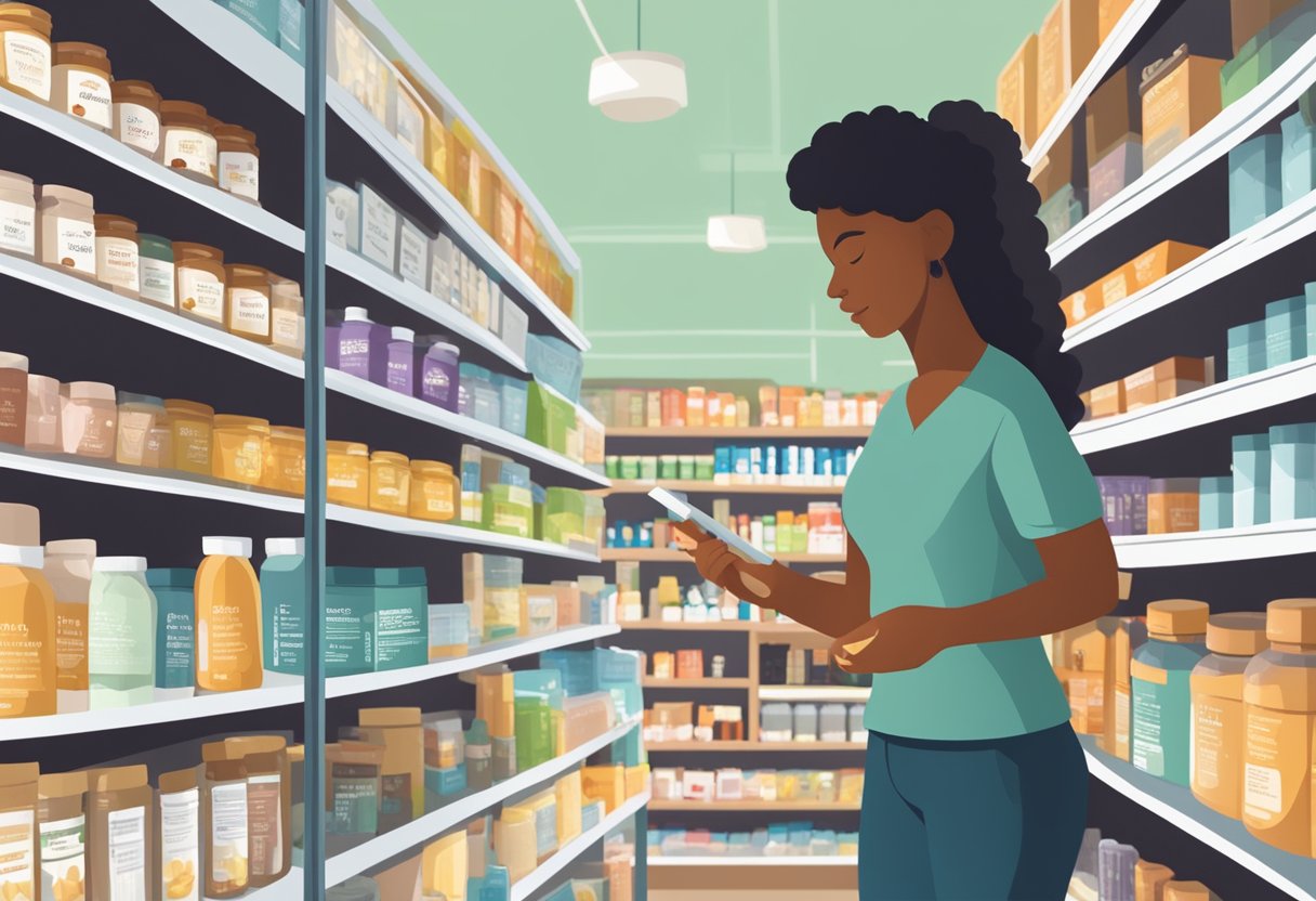 A person browsing shelves of health and wellness products, examining labels and checking quality. Displayed items include vitamins, supplements, and organic skincare