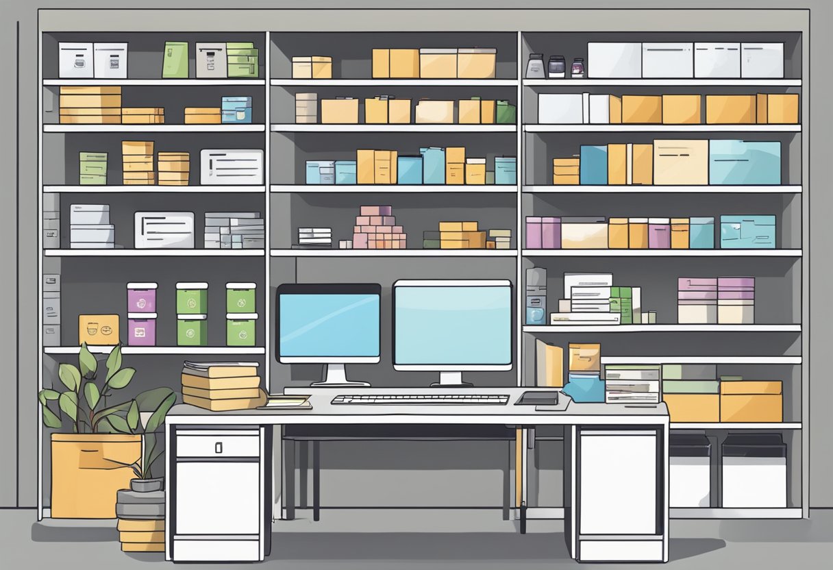 A desk with a computer displaying a supplier list, shelves stocked with health and wellness products, and a checklist for quality control