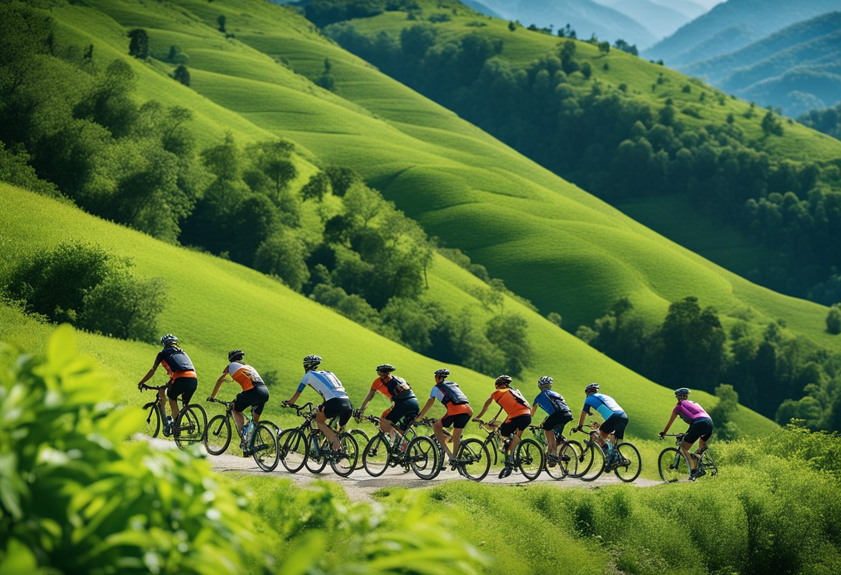 A group of colorful bicycles racing down a winding mountain trail, with lush green trees and a clear blue sky in the background