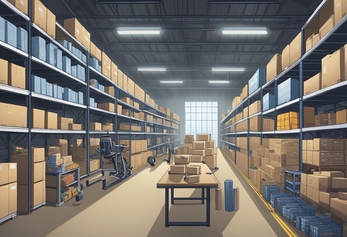 A warehouse with rows of fitness equipment, a person inspecting items for quality, shelves stocked with products, and a list of suppliers on a desk