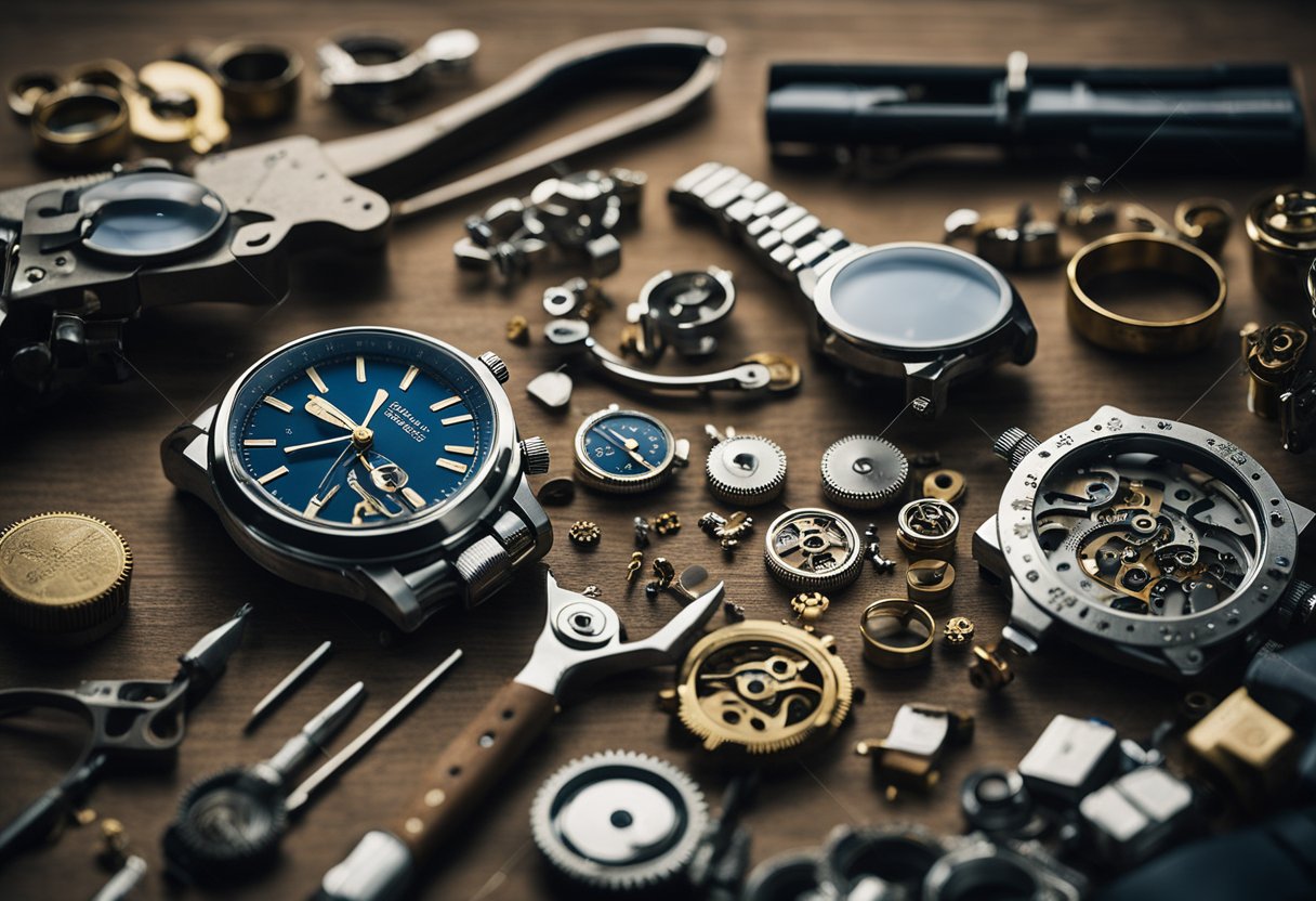 A workbench cluttered with watch parts, tools, and a magnifying glass. A Seiko watch case sits open, ready for modification