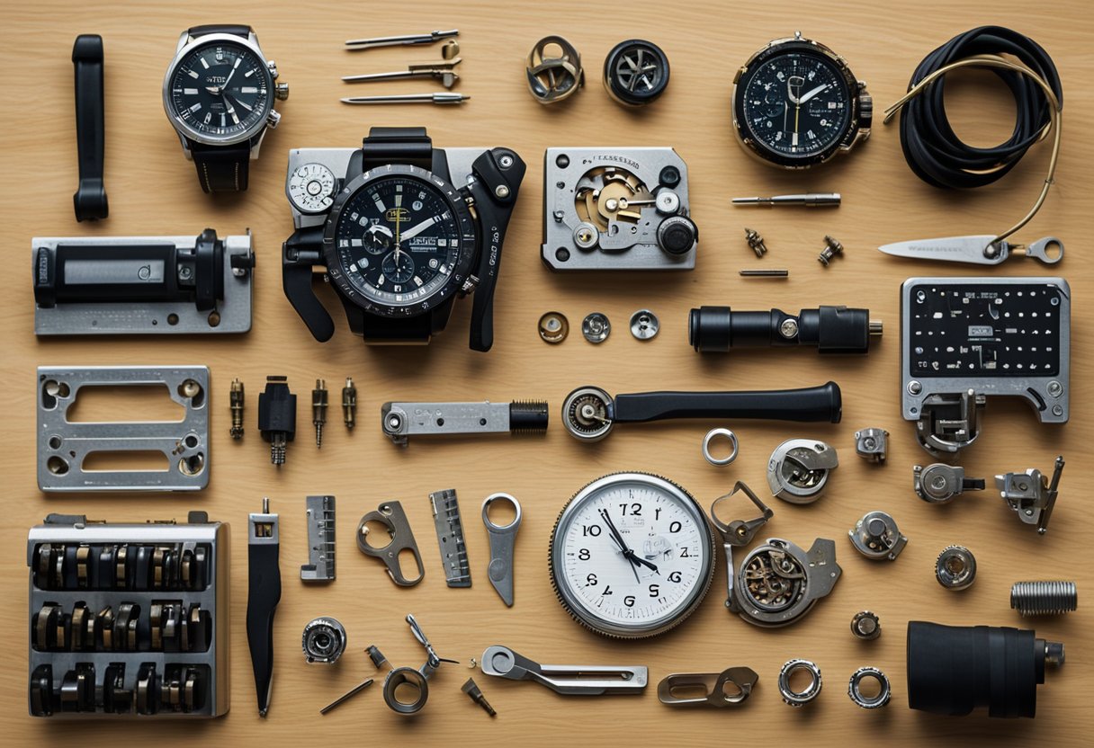 A workbench with Seiko watch parts, tools, and a guidebook for modding