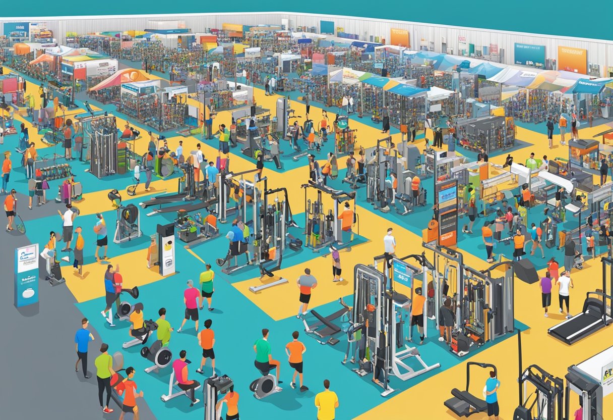 A bustling trade show floor filled with rows of colorful fitness equipment, with vendors showcasing their latest products and discussing quality control measures