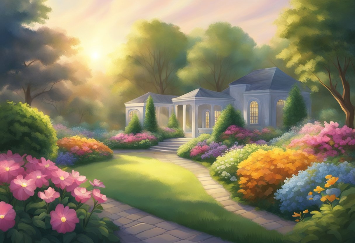 A bright light shines down on a peaceful garden, with blooming flowers and lush greenery. A sense of serenity and divine presence fills the air