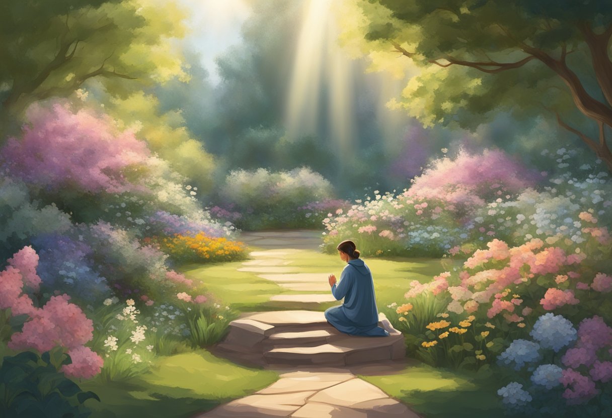 A serene garden with a beam of light shining down on a figure kneeling in prayer, surrounded by blooming flowers and peaceful wildlife
