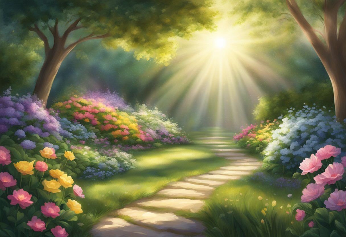 A radiant beam of light shines down from the heavens, illuminating a peaceful garden filled with blooming flowers and lush greenery, creating a sense of tranquility and spiritual connection