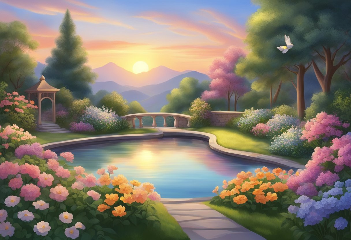 A serene garden with blooming flowers, a glowing sunset, and a peaceful atmosphere, evoking a sense of spiritual connection and faithfulness