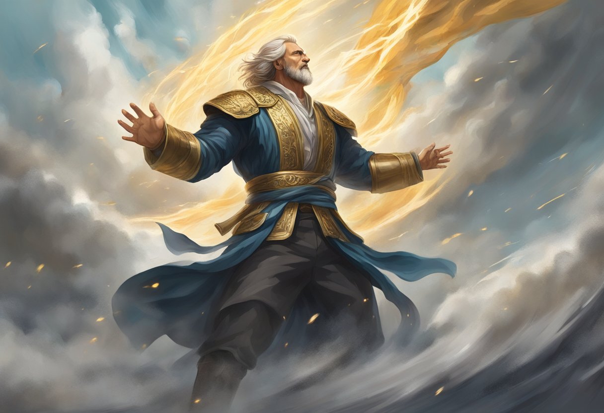 A powerful figure stands in a battlefield, surrounded by swirling winds and crackling energy, as they unleash a mighty prayer against stagnation