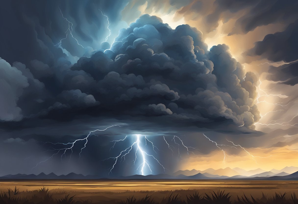 A powerful storm cloud hovers over a barren land, crackling with lightning and casting a dark shadow of stagnation