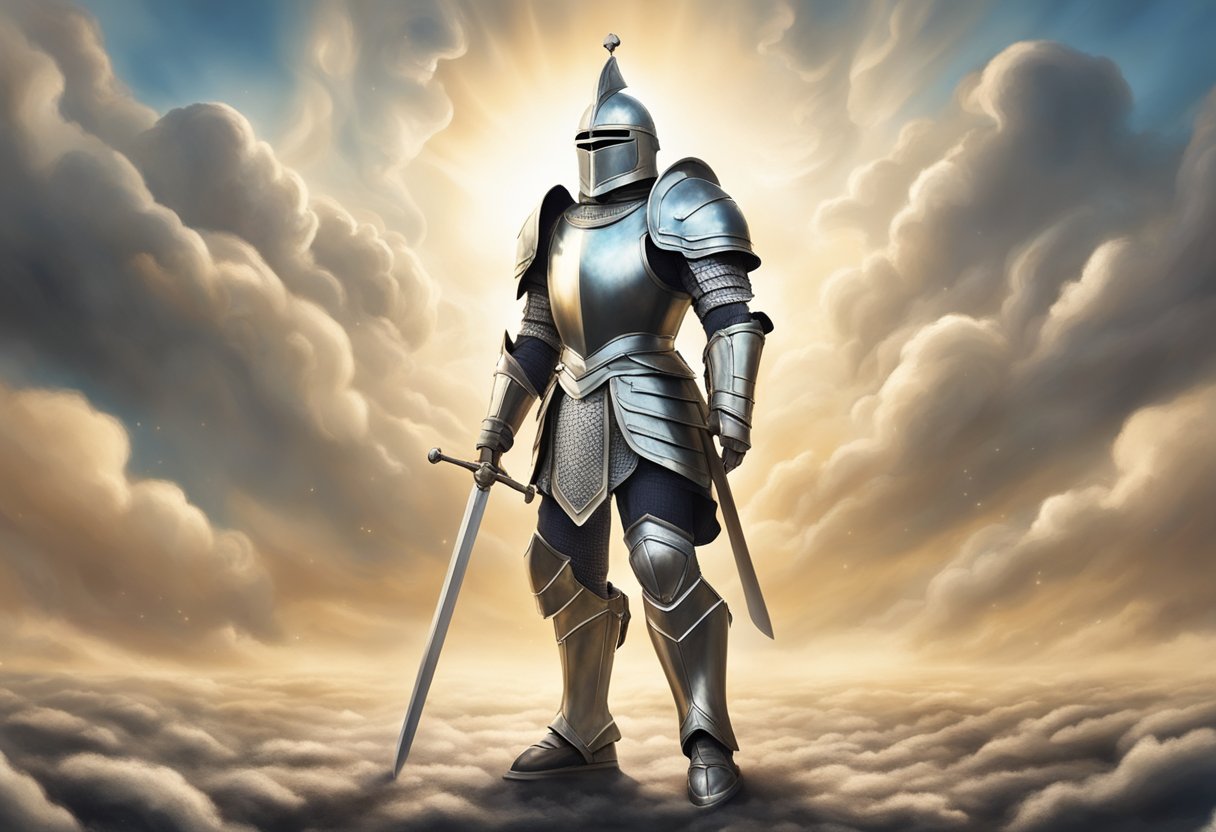 A suit of armor stands in a battlefield, surrounded by swirling clouds and shining with divine light, ready to engage in spiritual warfare against stagnation