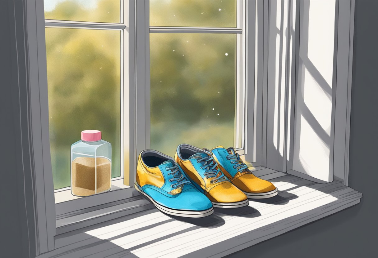 Shoes placed near open window with baking soda sprinkled inside