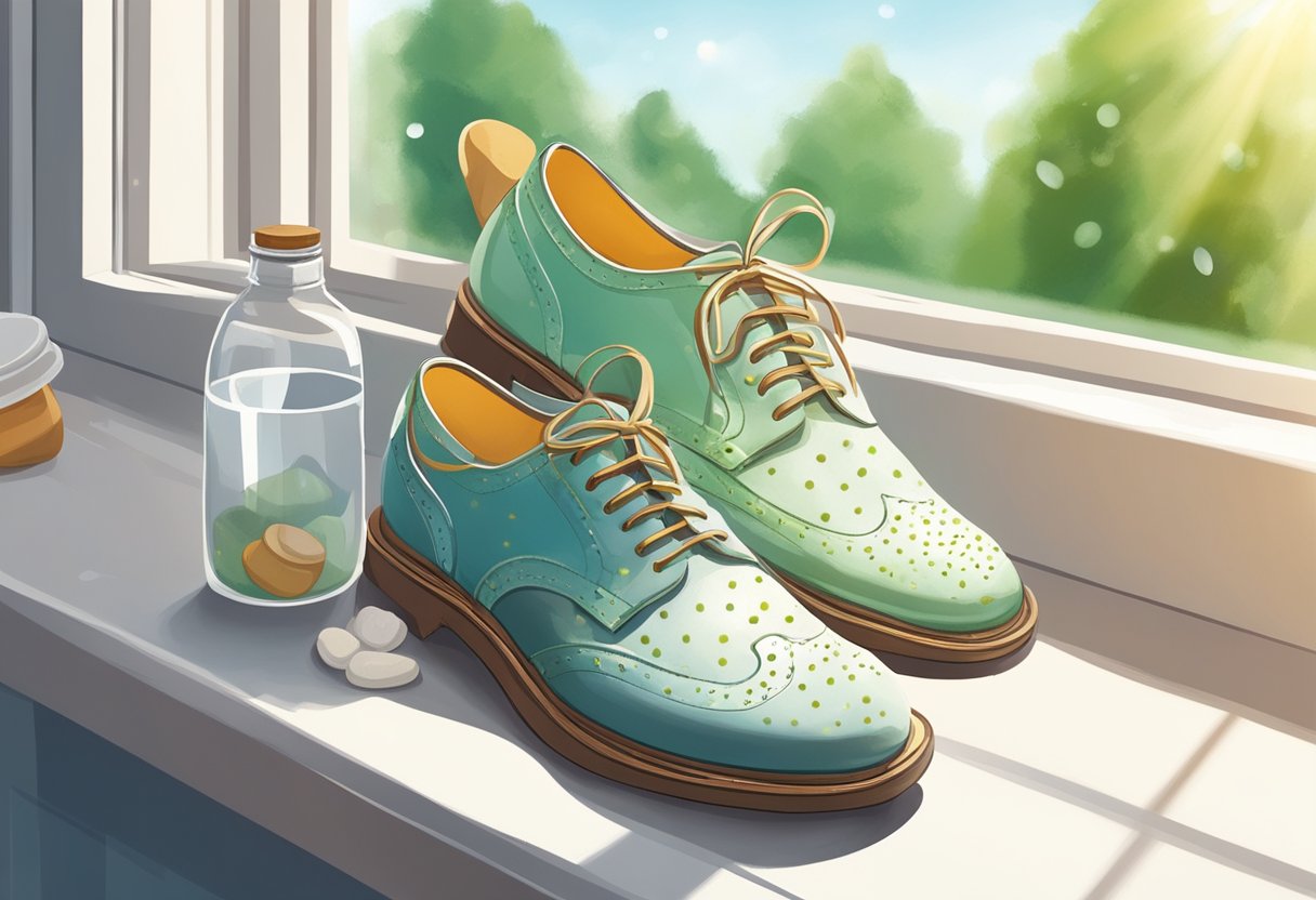 Shoes placed on a sunny windowsill with baking soda sprinkled inside. A natural, eco-friendly solution to eliminate odors