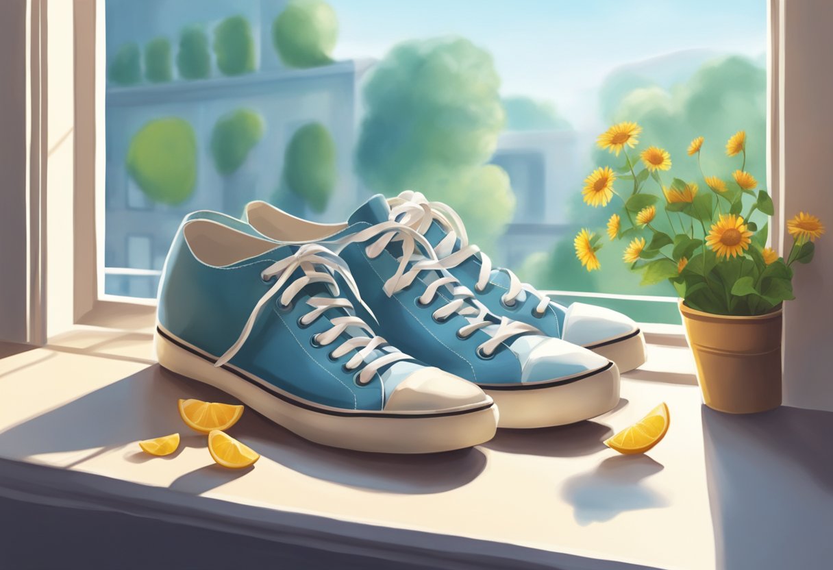 Shoes placed on a sunny windowsill with baking soda sprinkled inside. Open windows let fresh air circulate