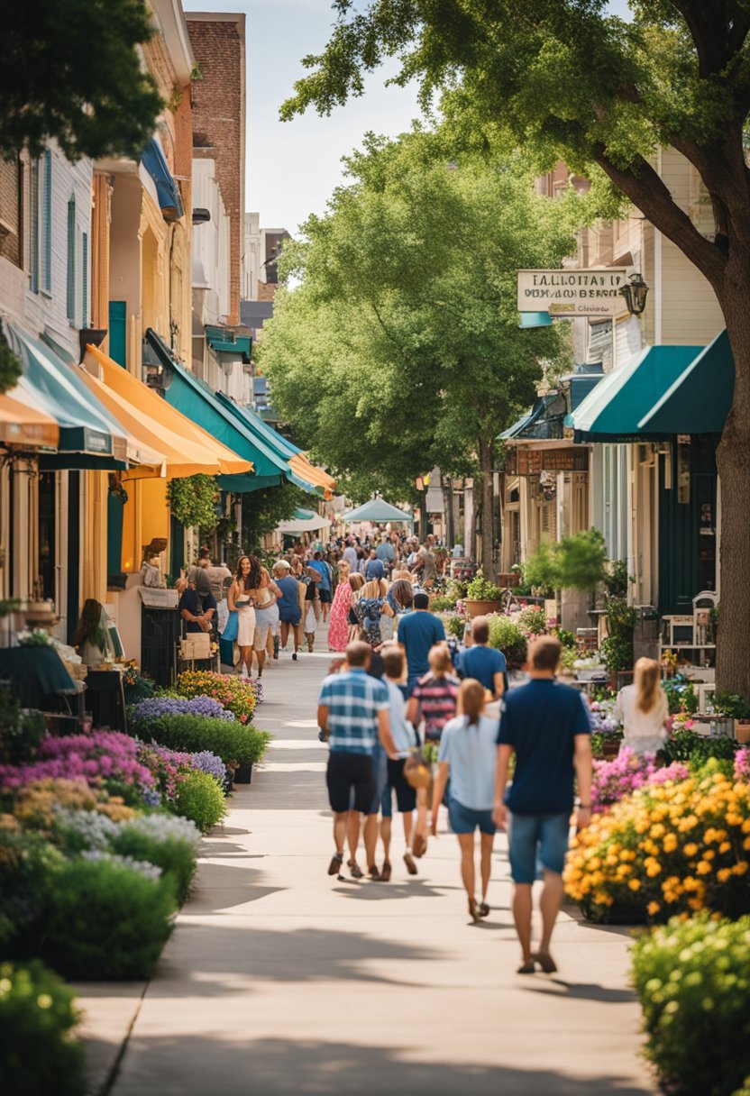 A bustling street lined with colorful vacation rentals in downtown Waco, with people strolling and enjoying the vibrant atmosphere