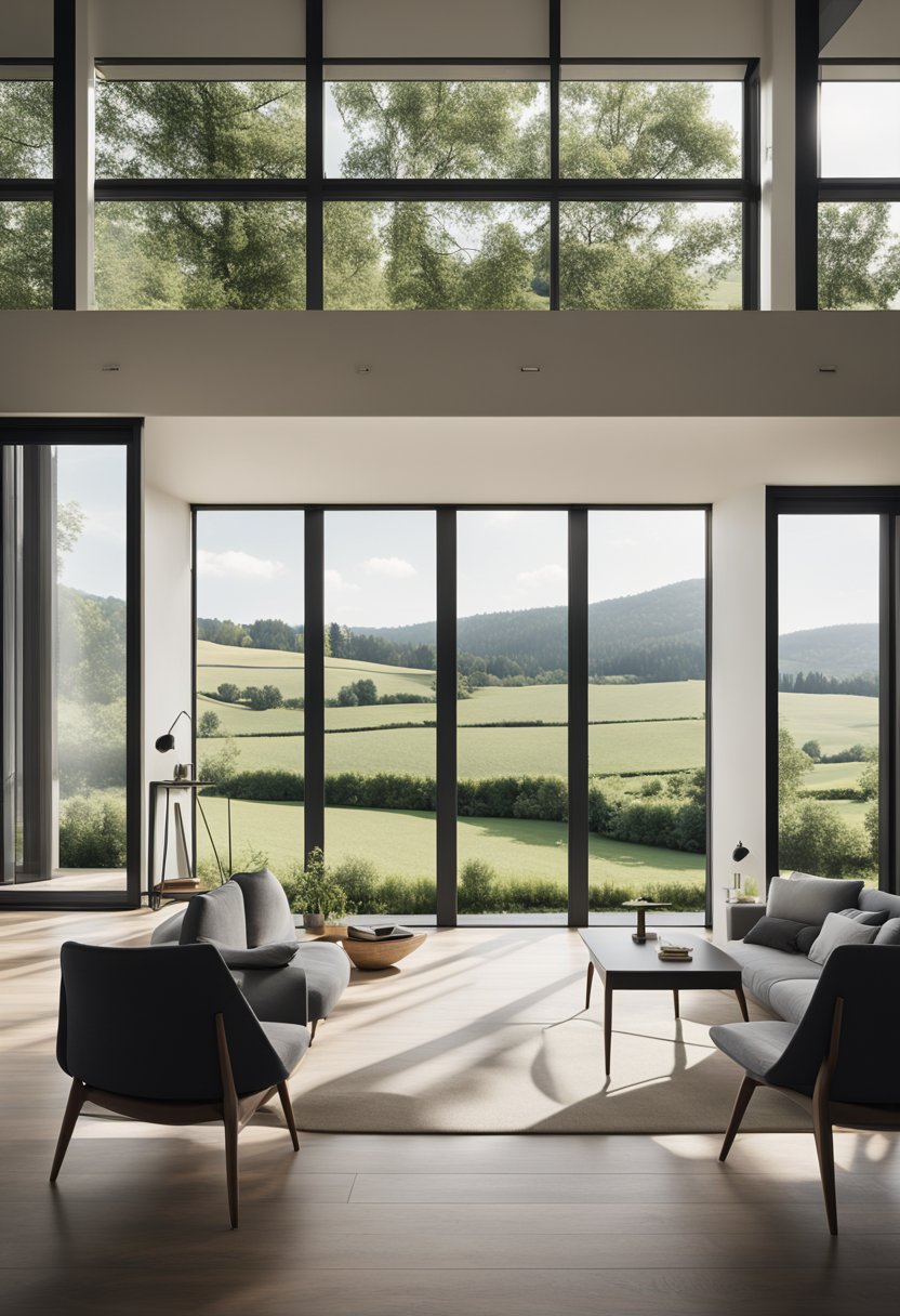 A sleek, minimalist farmhouse with clean lines and large windows, surrounded by lush greenery and a serene countryside setting