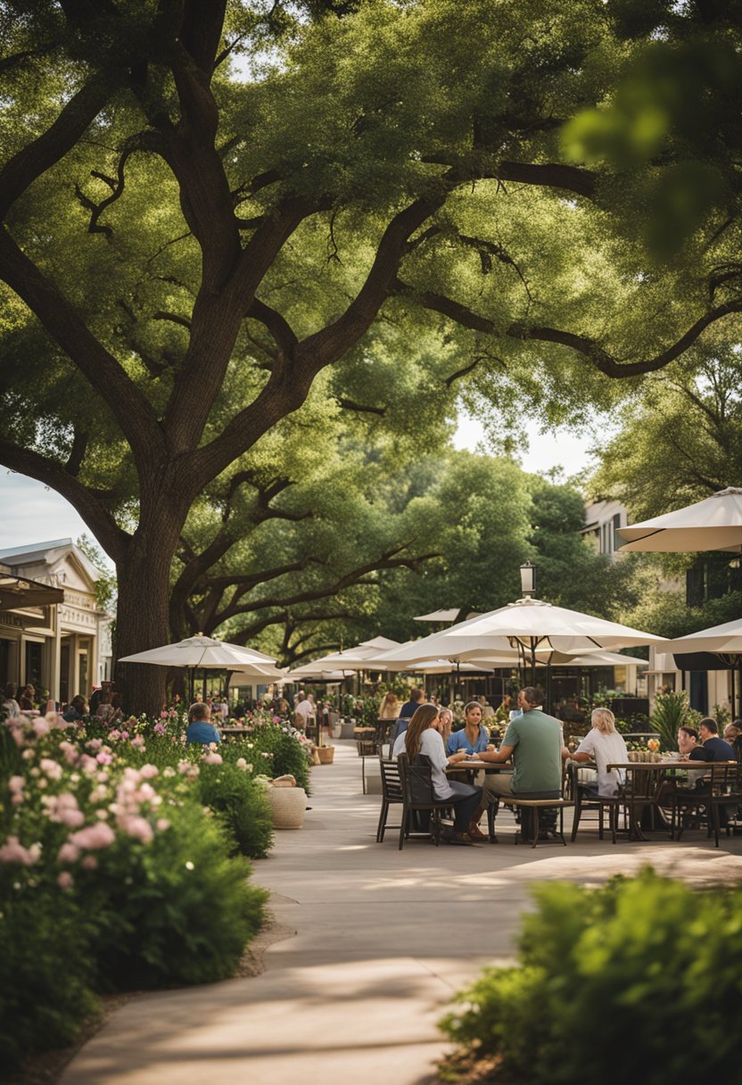 The Grove downtown Waco vacation rentals bustling with activity and surrounded by lush greenery and vibrant flowers