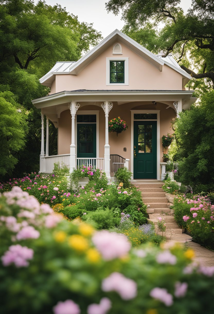 A cozy clay cottage stands among downtown Waco vacation rentals, surrounded by lush greenery and blooming flowers