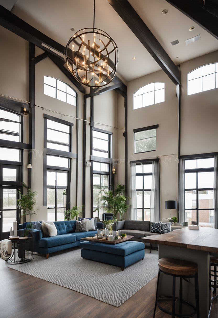 Behren’s Loft, a modern vacation rental in downtown Waco, features an open floor plan with high ceilings, large windows, and stylish furnishings