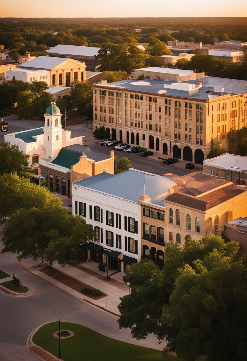 The sun sets behind the historic buildings of Downtown Waco, casting a warm glow over the charming vacation rentals nestled among the bustling streets
