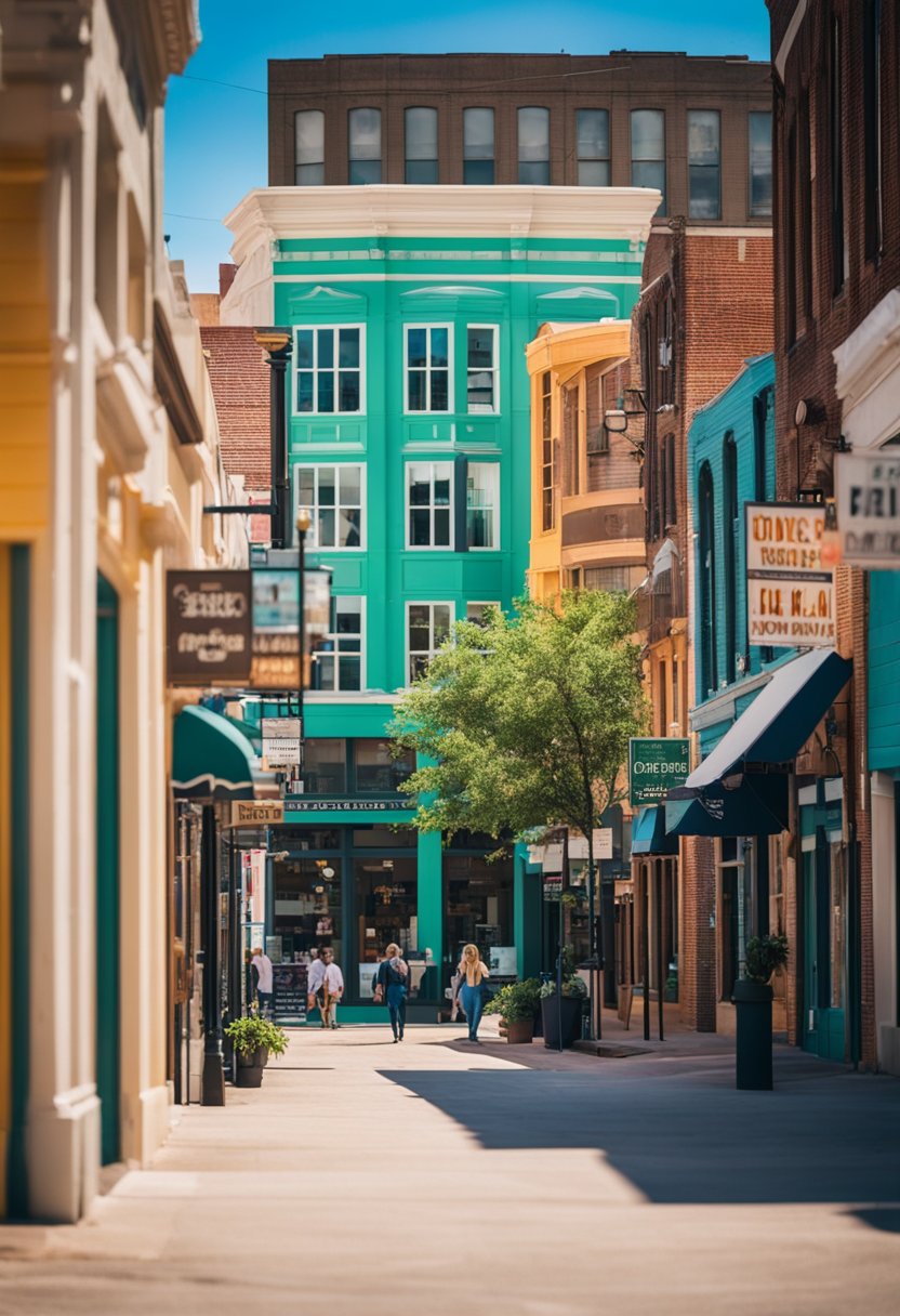 A bustling downtown street with colorful buildings and vibrant storefronts, showcasing a variety of vacation rental options