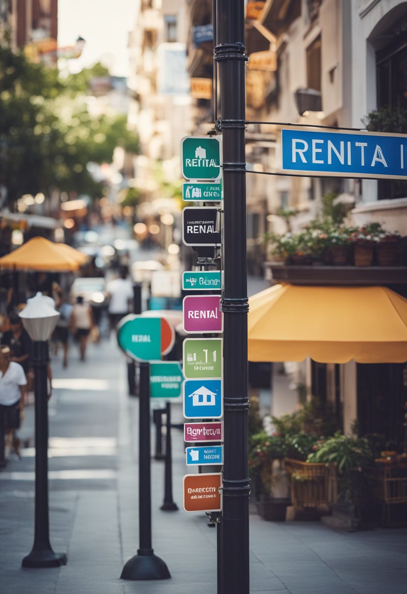 A bustling downtown street with colorful vacation rental signs, surrounded by shops and restaurants, with a map and rental information kiosk in the center